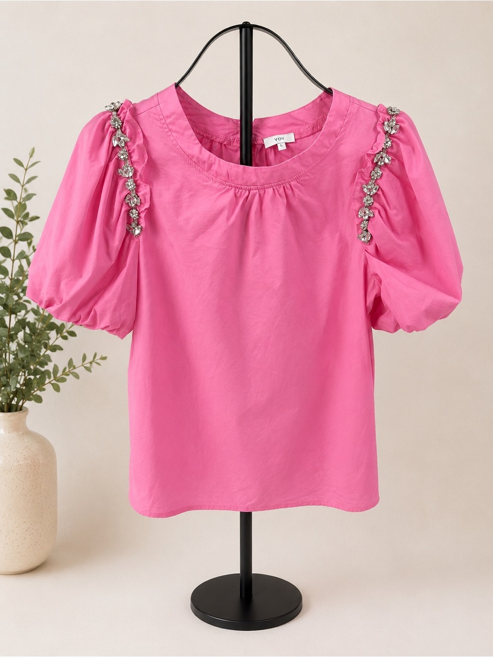 VOY Pink Puff-Sleeve Embellished Blouse